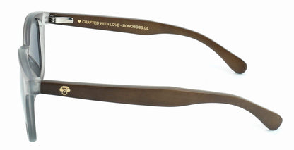 anteojos redondos de plástico reciclado y varillas de madera natural sustentable con lentes de color negro. Polarizadas y forma redonda. La gafa es color transparente #color_negro