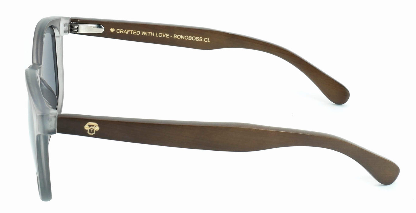 anteojos redondos de plástico reciclado y varillas de madera natural sustentable con lentes de color negro. Polarizadas y forma redonda. La gafa es color transparente #color_negro