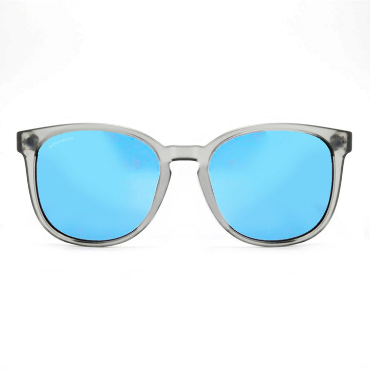 Eyeglasses round recycled plastic and wooden temples natural sustainable with color lenses mirrored blue. polarized and forma redonda. the gafa es clear Bonoboss #color_espejado-azul