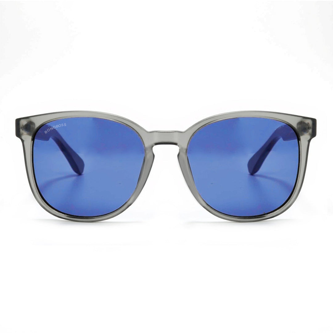 Eyeglasses round recycled plastic and wooden temples natural sustainable with color lenses pink. polarized and forma redonda. the gafa es clear Bonoboss #color_degrade-azul