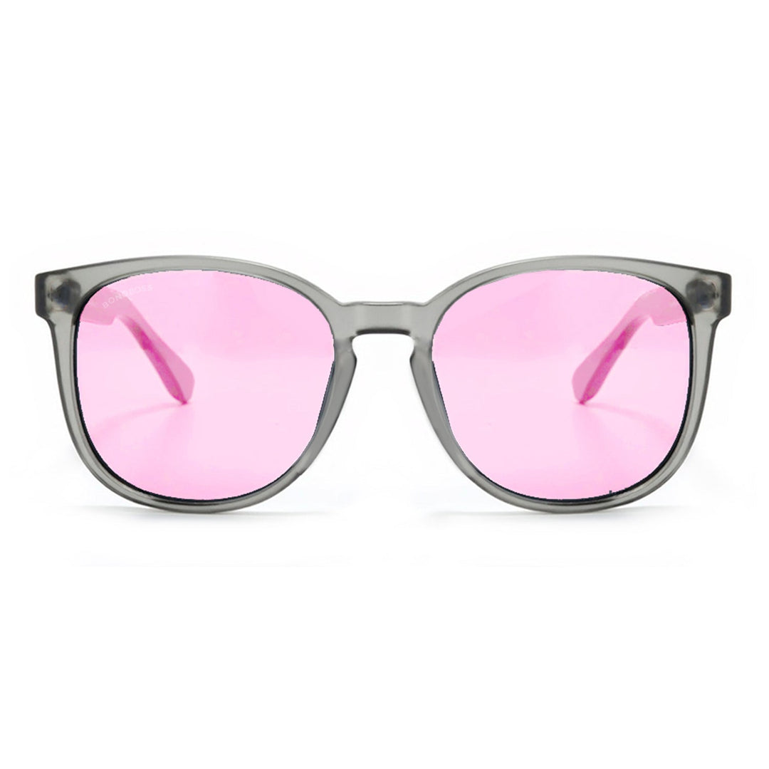 Eyeglasses round recycled plastic and wooden temples natural sustainable with color lenses pink. polarized and forma redonda. the gafa es clear Bonoboss #color_rosado