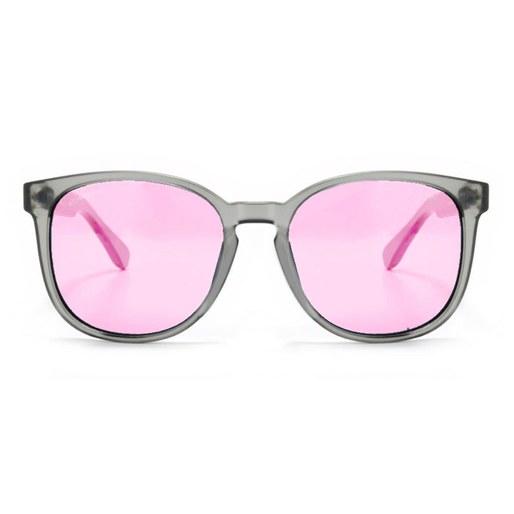 Eyeglasses round recycled plastic and wooden temples natural sustainable with color lenses pink. polarized and forma redonda. the gafa es clear Bonoboss #color_rosado