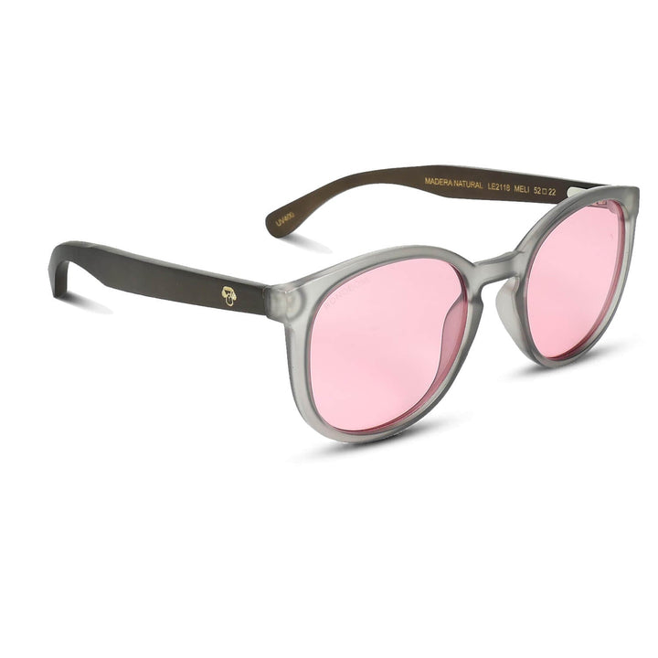 Eyeglasses round recycled plastic and wooden temples natural sustainable with color lenses pink. polarized and forma redonda. the gafa es clear Bonoboss #color_rosado