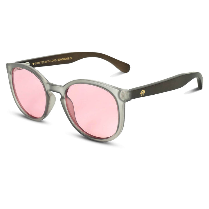 Eyeglasses round recycled plastic and wooden temples natural sustainable with color lenses pink. polarized and forma redonda. the gafa es clear Bonoboss #color_rosado