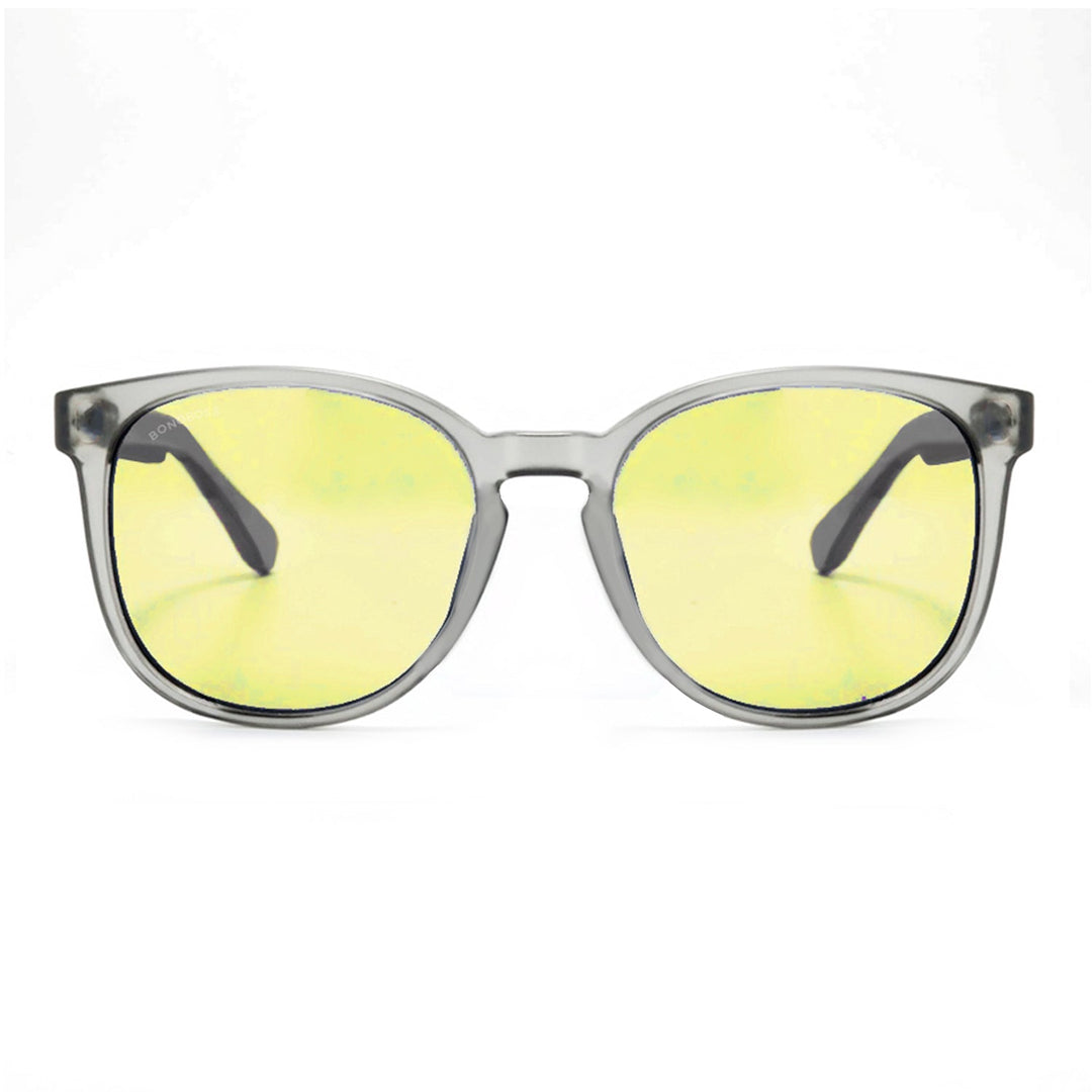 Eyeglasses round recycled plastic and wooden temples natural sustainable with color lenses pink. polarized and forma redonda. the gafa es clear Bonoboss #color_amarillo