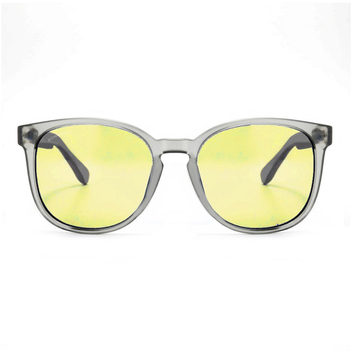 Eyeglasses round recycled plastic and wooden temples natural sustainable with color lenses pink. polarized and forma redonda. the gafa es clear Bonoboss #color_amarillo