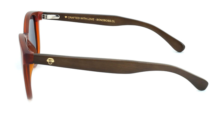 anteojos redondos de plástico reciclado y varillas de madera natural sustentable con lentes de color negro. Polarizadas y forma redonda.