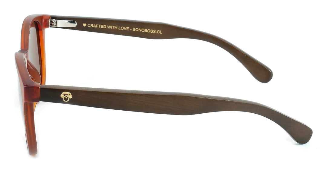 anteojos redondos de plastico reciclado y varillas de madera natural sustentable con lentes de color cafe polarizadas y forma redonda. la gafa es de color café vista lateral

