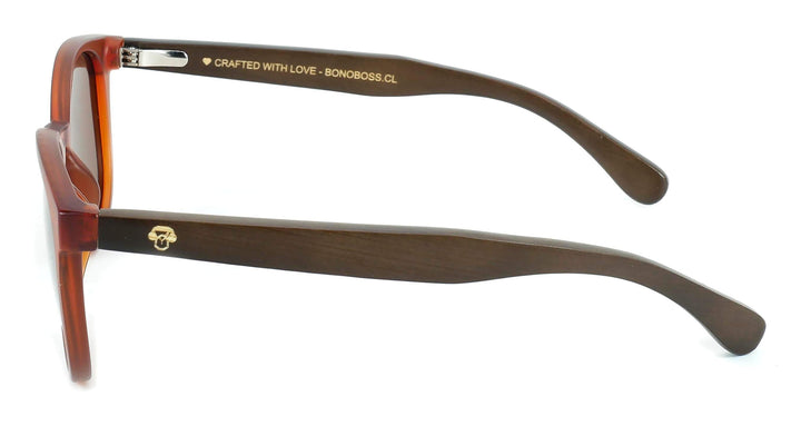 anteojos redondos de plastico reciclado y varillas de madera natural sustentable con lentes de color cafe polarizadas y forma redonda. la gafa es de color café vista lateral
