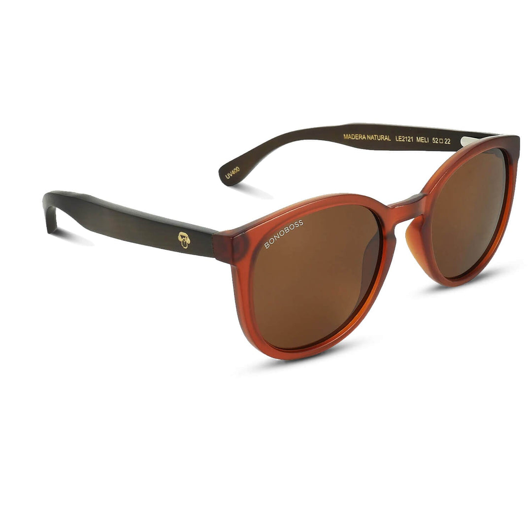 Eyeglasses round recycled plastic and wooden temples natural sustainable with color lenses brown polarized and forma redonda. the gafa es color café Bonoboss #color_brown