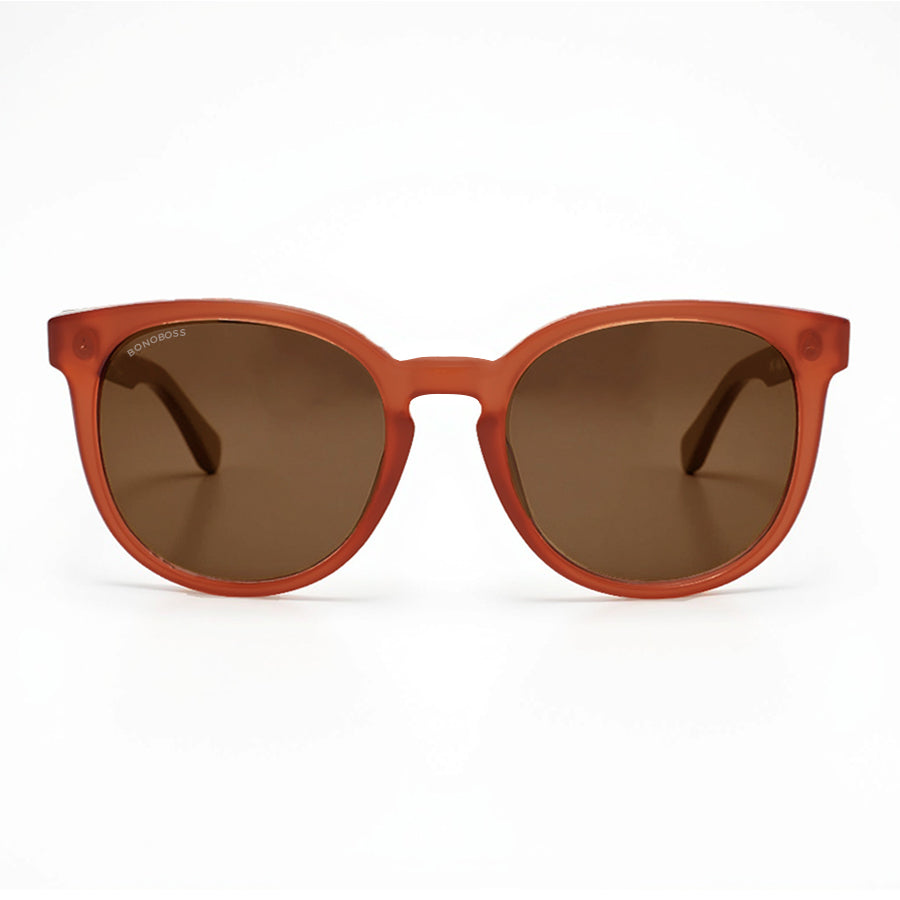 Eyeglasses round recycled plastic and wooden temples natural sustainable with color lenses brown polarized and forma redonda. the gafa es color café Bonoboss #color_brown