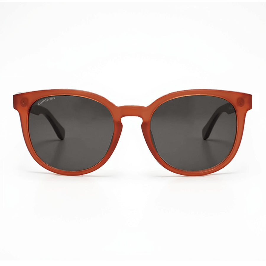 Eyeglasses round recycled plastic and wooden temples natural sustainable with color lenses black. polarized and forma redonda. Bonoboss #color_negro