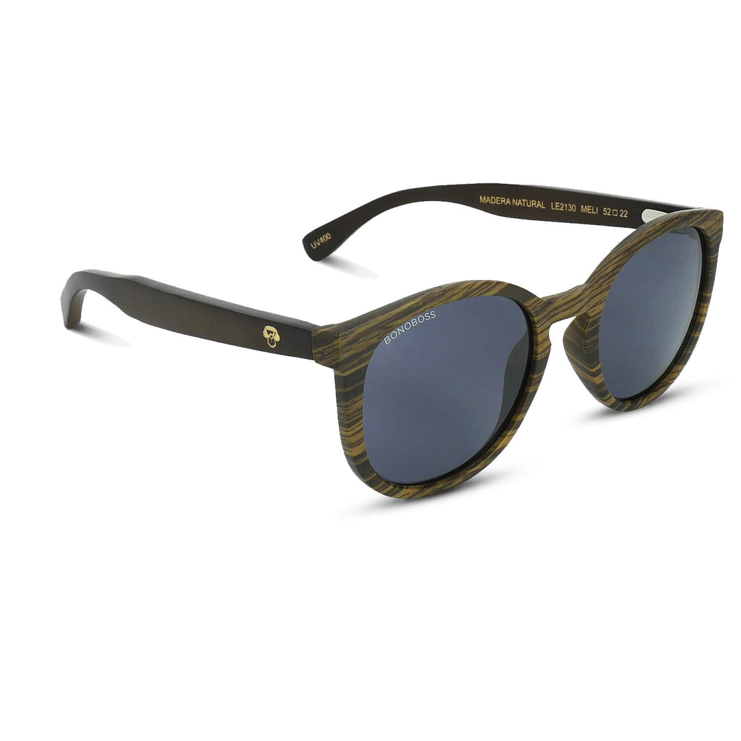 Eyeglasses round recycled plastic and wooden temples natural sustainable with color lenses black polarized and forma redonda. Bonoboss #color_negro