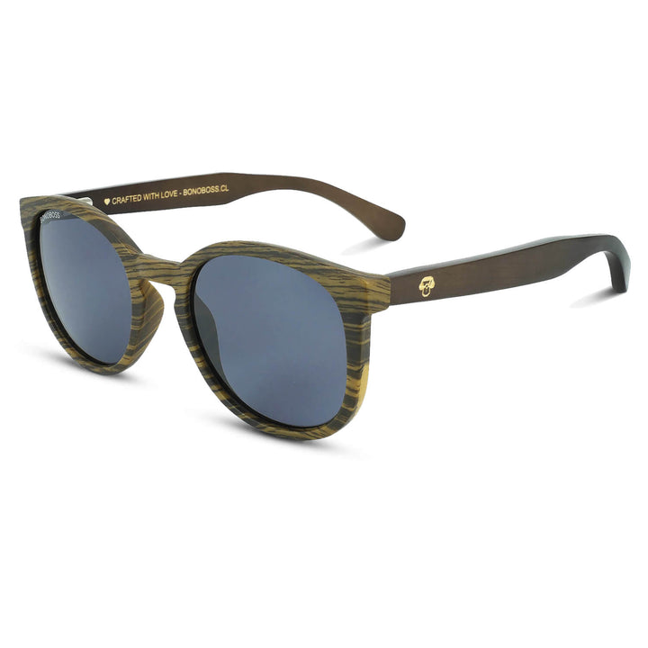 Eyeglasses round recycled plastic and wooden temples natural sustainable with color lenses black polarized and forma redonda. Bonoboss #color_negro