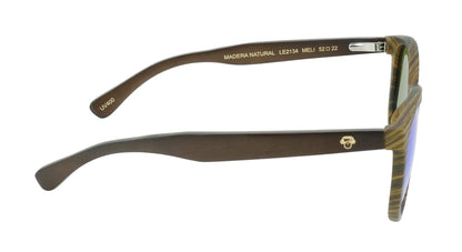 anteojos redondos de plástico reciclado y varillas de madera natural sustentable con lentes de color espejado azul polarizadas y forma redonda.  #color_espejado-azul