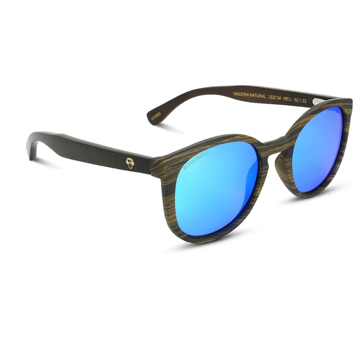 Eyeglasses round recycled plastic and wooden temples natural sustainable with color lenses mirrored blue polarized and forma redonda. Bonoboss #color_espejado-azul