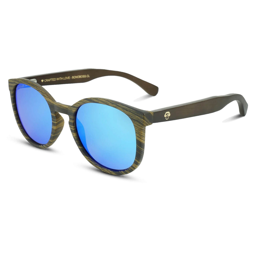 Eyeglasses round recycled plastic and wooden temples natural sustainable with color lenses mirrored blue polarized and forma redonda. Bonoboss #color_espejado-azul