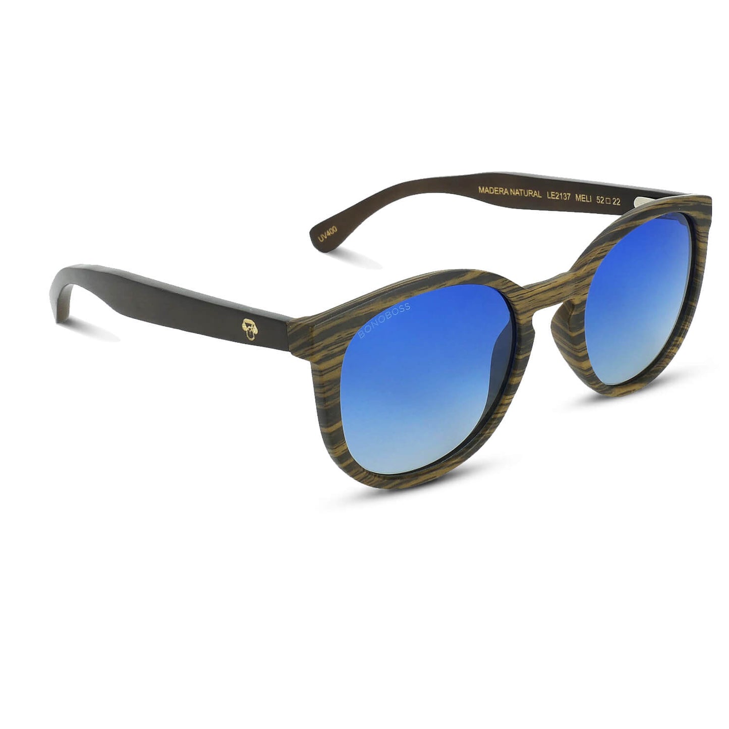 anteojos redondos de plástico reciclado y varillas de madera natural sustentable con lentes de color degradado azul polarizadas y forma redonda.  #color_degrade-azul