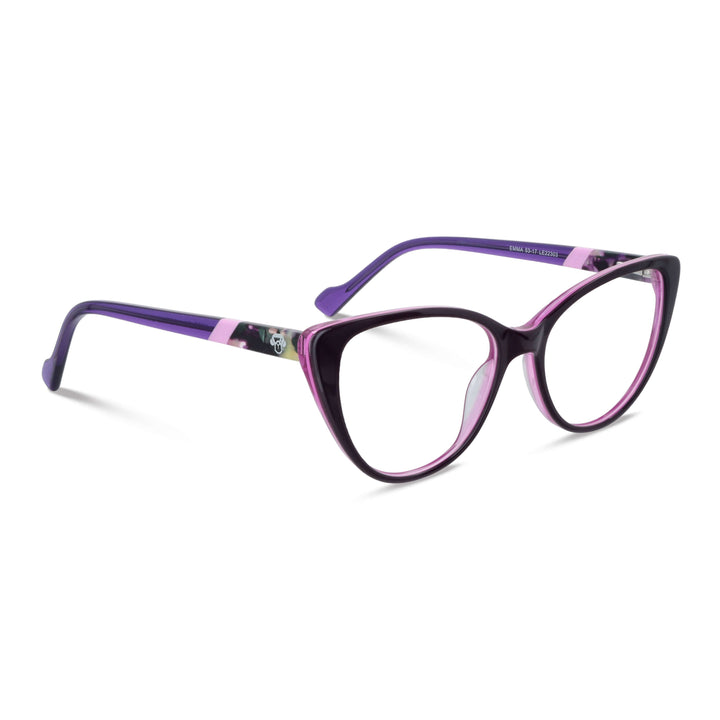 Una angled view unos eyeglasses bonoboss, a optical frame agate pattern color purple for women round face large fabricado with acetate biodegradable #color_morado