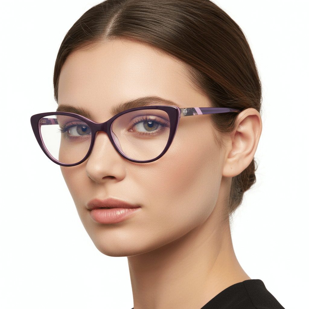 Una angled view a women wearing unos optical frames bonoboss, a anteojo agate pattern color purple for women round face large fabricado with acetate biodegradable #color_morado