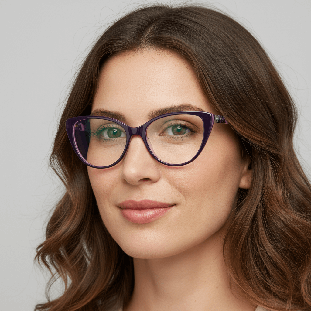 Una angled view a women wearing unos optical frames bonoboss, a anteojo agate pattern color purple for women round face large fabricado with acetate biodegradable #color_morado