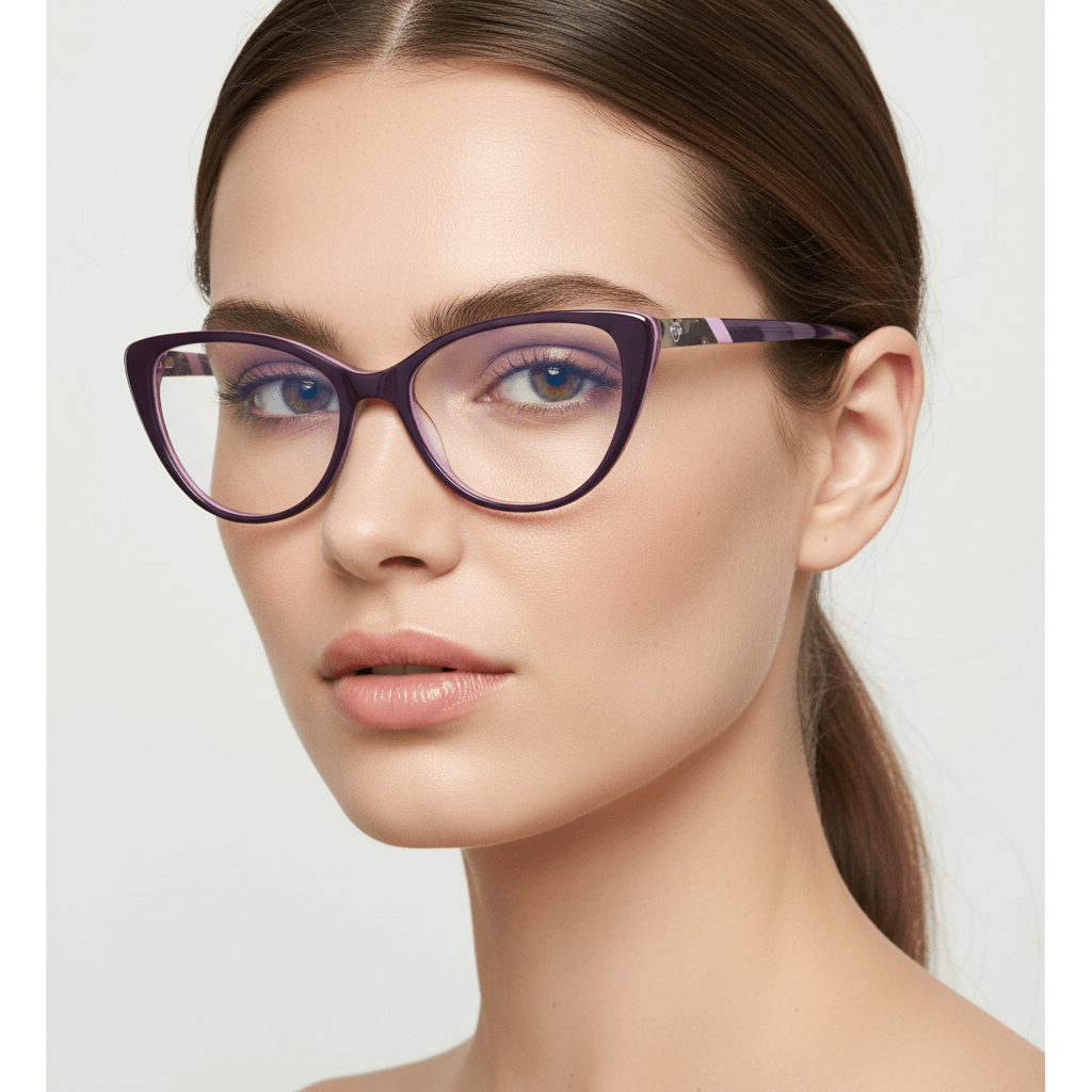 Una angled view a modelo women wearing unos optical frames bonoboss, a anteojo agate pattern color purple for women round face large fabricado with acetate biodegradable #color_morado