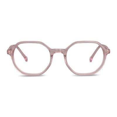 anteojos opticos para niños y niñas octagonales a la moda de color rosado transparente vista frontal