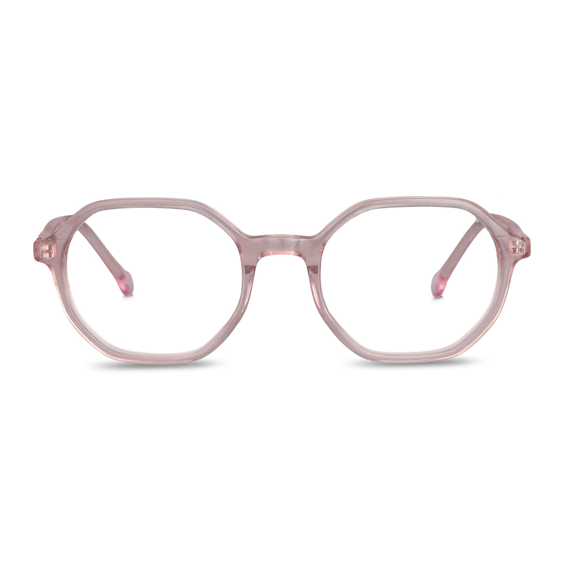 anteojos opticos para niños y niñas octagonales a la moda de color rosado transparente vista frontal #color_rosado