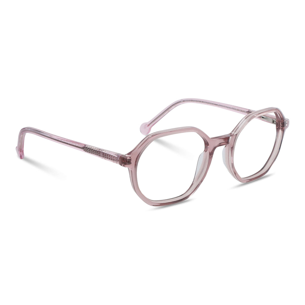 anteojos opticos para niños y niñas octagonales a la moda de color rosado transparente vista angulada