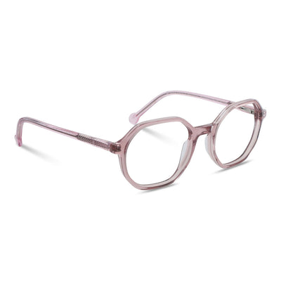 anteojos opticos para niños y niñas octagonales a la moda de color rosado transparente vista angulada
