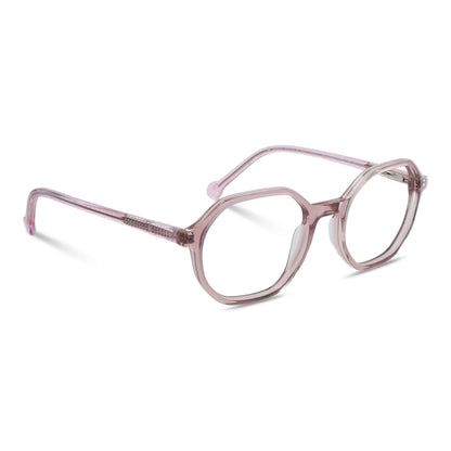 anteojos opticos para niños y niñas octagonales a la moda de color rosado transparente vista angulada #color_rosado
