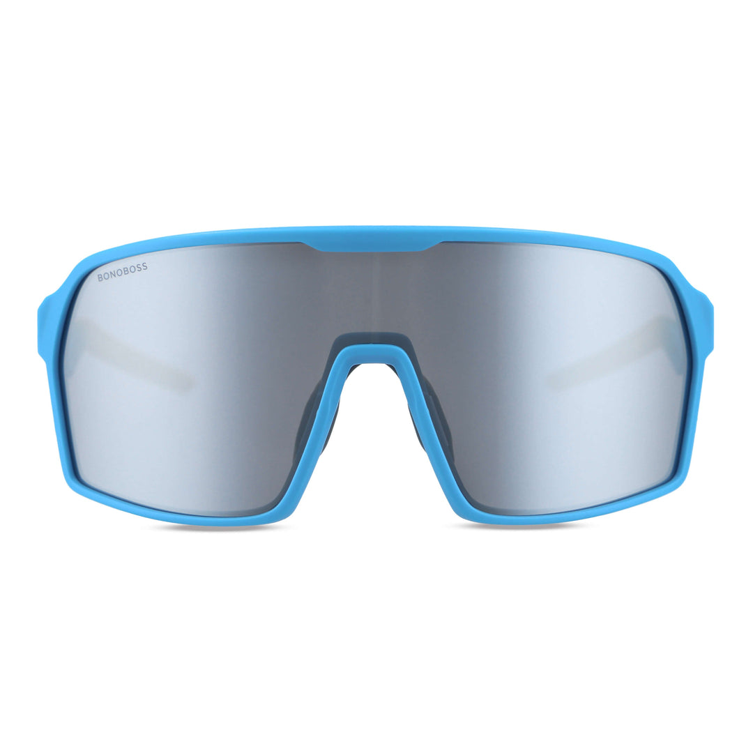 Sunglasses deportivos curvos for bicicleta, moto, ryders antiparras, polarized for men and women with or sin prescription optica mirroreds color silver with frame blue Bonoboss #color_blue