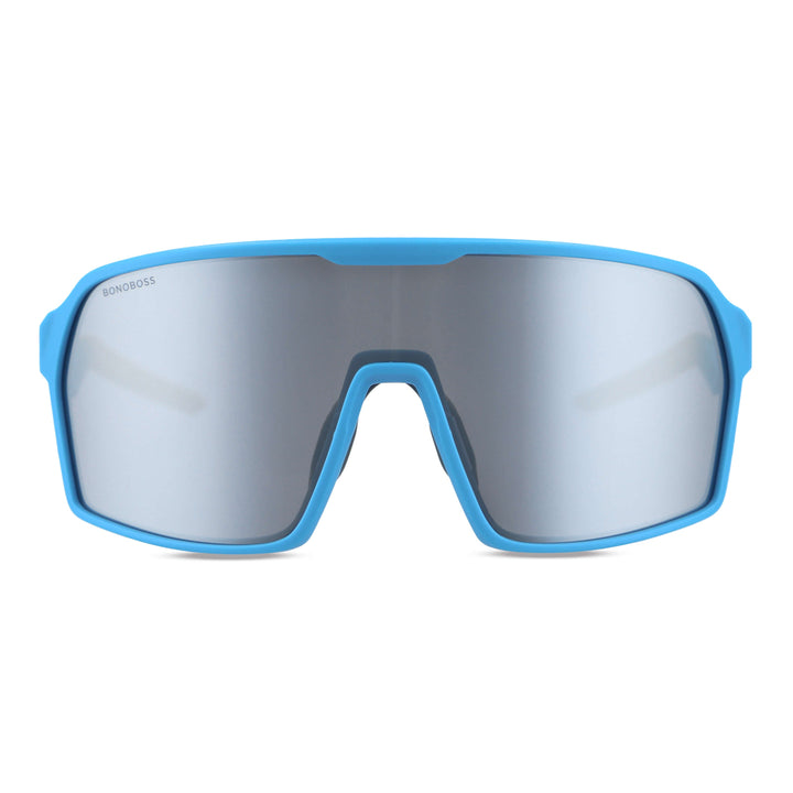 Sunglasses deportivos curvos for bicicleta, moto, ryders antiparras, polarized for men and women with or sin prescription optica mirroreds color silver with frame blue Bonoboss #color_blue