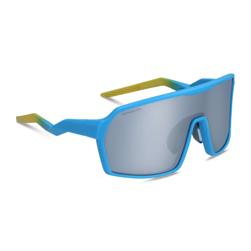 Sunglasses deportivos curvos for bicicleta, moto, ryders antiparras, polarized for men and women with or sin prescription optica mirroreds color silver with frame blue Bonoboss #color_blue