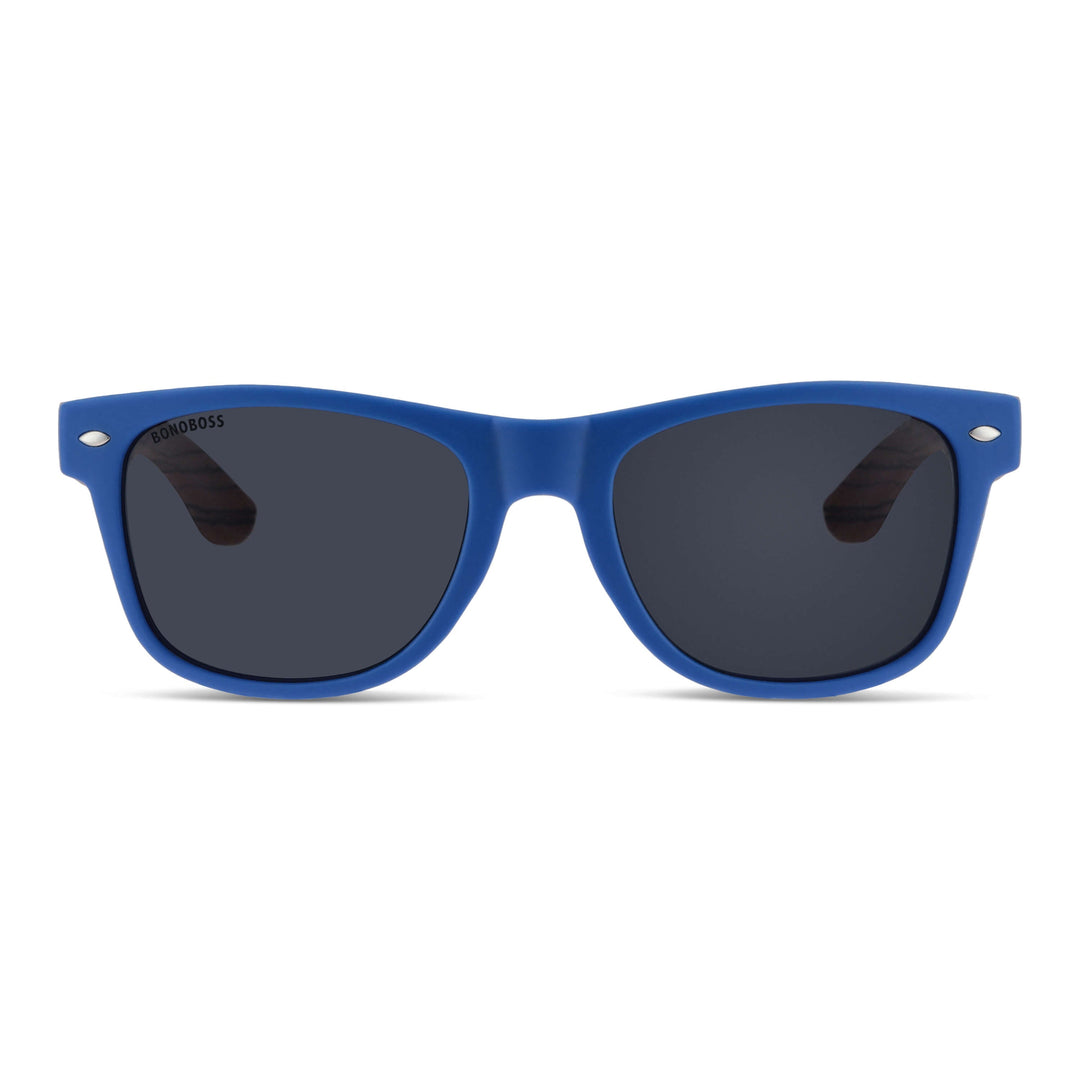 Sunglasses polarized for men and women recycled plastic front view with color lenses black and frame blue Bonoboss #color_blue