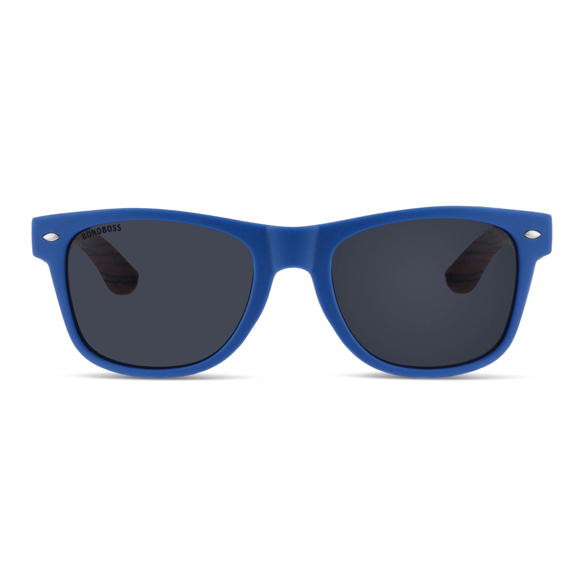 anteojos de sol polarizados para hombre y mujer de plastico reciclado vista frontal con lentes de color negras y armazon de color azul #color-marco_blue