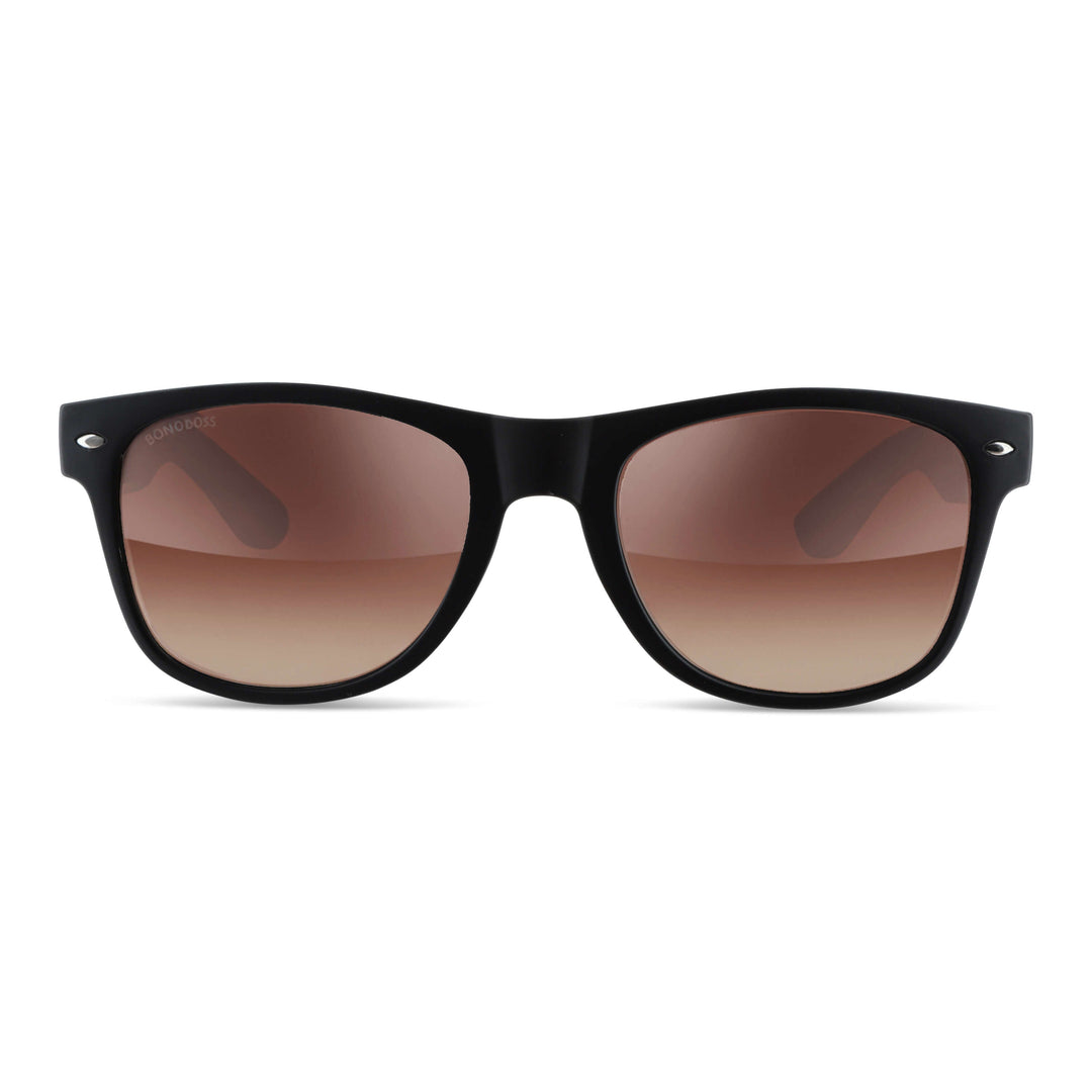 Sunglasses wayfarer rayban recycled plastic bonoboss with wooden temples natural diseñado and fabricado in chile corporate gift front view frame black unisex #color_flash-silver