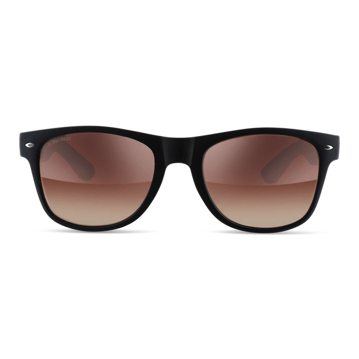Sunglasses wayfarer rayban recycled plastic bonoboss with wooden temples natural diseñado and fabricado in chile corporate gift front view frame black unisex #color_flash-silver