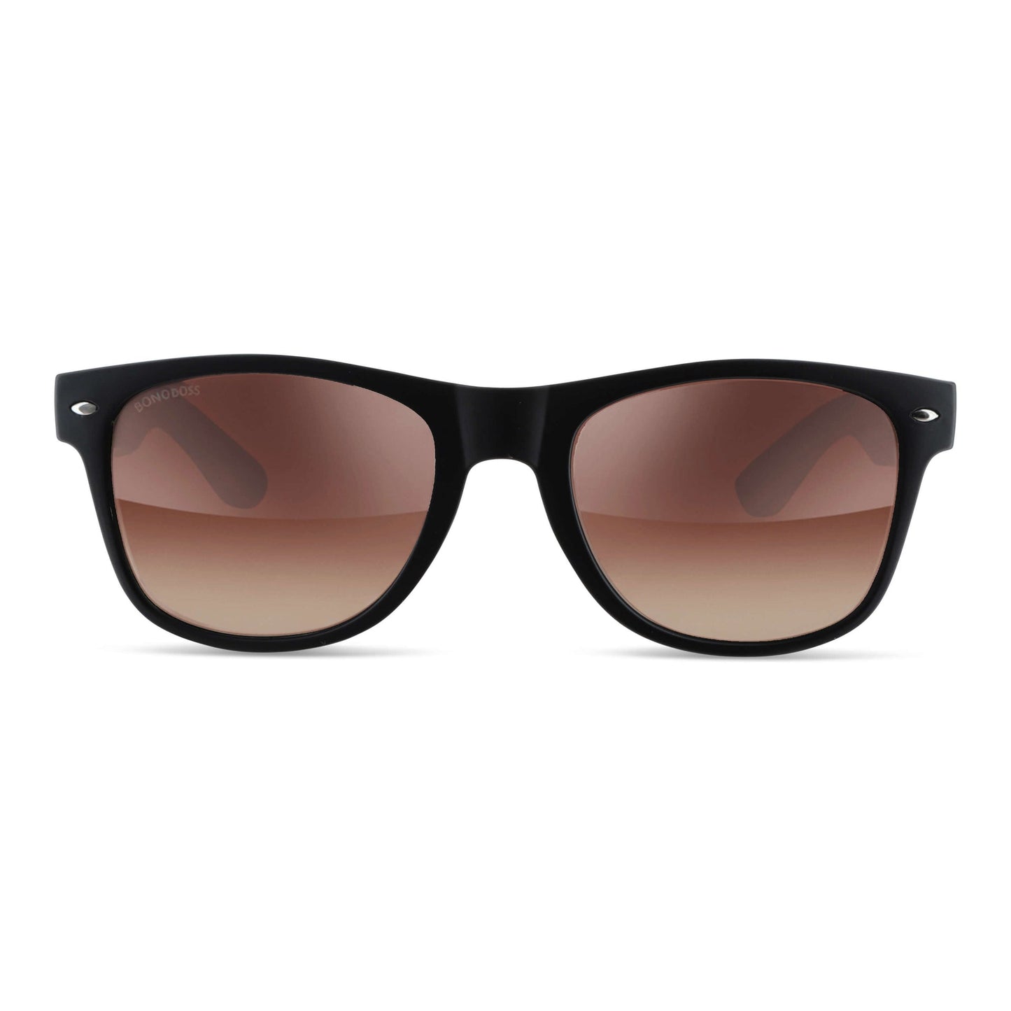 anteojos de sol wayfarer rayban de plastico reciclado bonoboss con patas de madera natural diseñado y fabricado en Chile regalo corporativo vista frontal armazon de color negro unisex #color_flash-silver