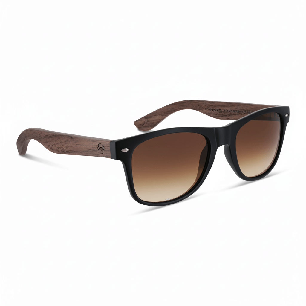 acacia anteojos wayfarer rayban de plastico reciclado bonoboss regalo corporativo con madera natural de color y color de marco negro vista angulada y lentes de color degrade cafe polarizadas #color_gradiente-cafe