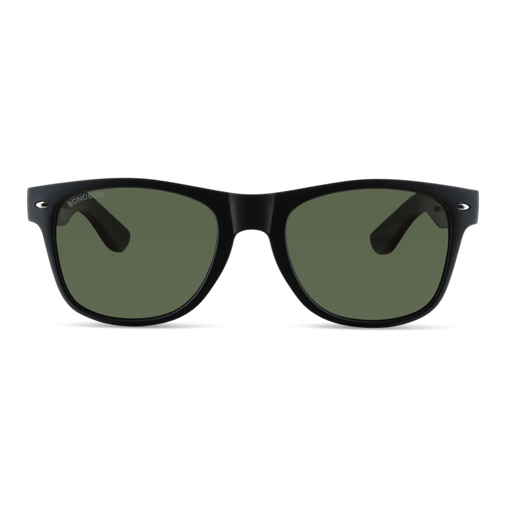 Acacia eyeglasses wayfarer rayban recycled plastic bonoboss corporate gift with natural wood color and color marco black front view and lenses color g15 polarized #color_g15
