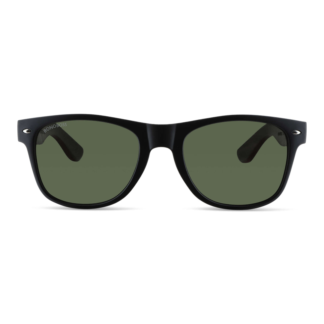 Acacia eyeglasses wayfarer rayban recycled plastic bonoboss corporate gift with natural wood color and color marco black front view and lenses color g15 polarized #color_g15