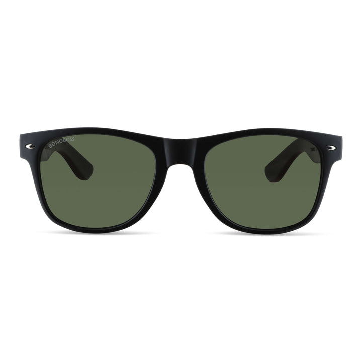 Acacia eyeglasses wayfarer rayban recycled plastic bonoboss corporate gift with natural wood color and color marco black front view and lenses color g15 polarized #color_g15