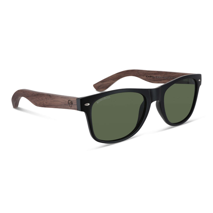 Acacia eyeglasses wayfarer rayban recycled plastic bonoboss corporate gift with natural wood color and color marco black angled view and lenses color g15 polarized #color_g15