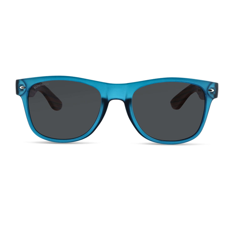 Sunglasses polarized recycled plastic corporate gift blue and lenses polarized black front view Bonoboss #color_ocean