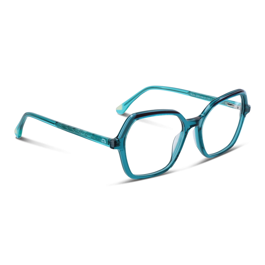 Eyeglasses optical octagonales green or calipso for women and men round face prescription large, angled view or side. eyeglasses perfectos for cristales multifocal bifocal adelgazado blue light filter Bonoboss #color_calipso