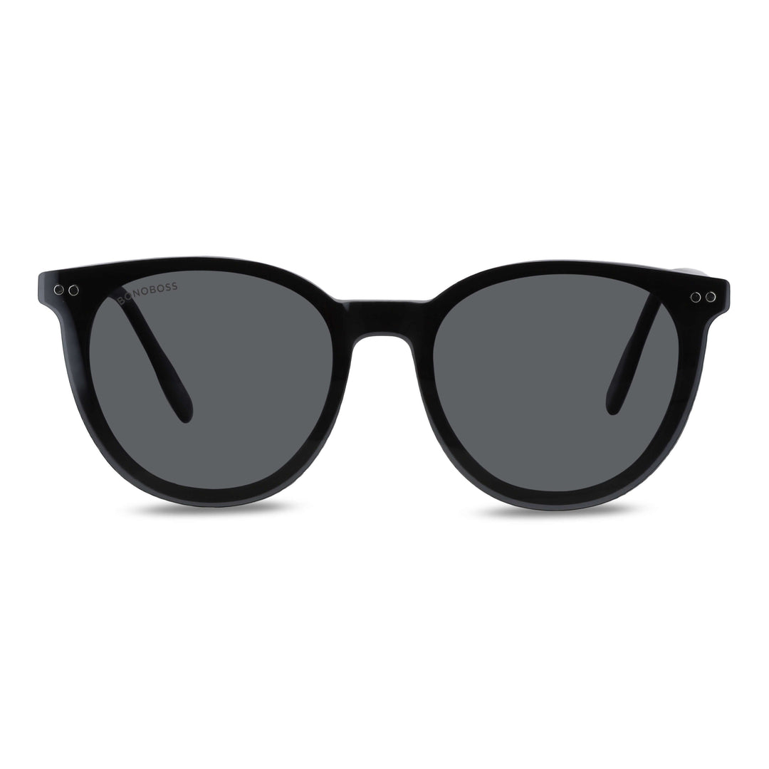 Eyeglasses or optical frames with iman or sun clip-on polarized forma round for mens and womenes. angled view and frames black Bonoboss #color_negro