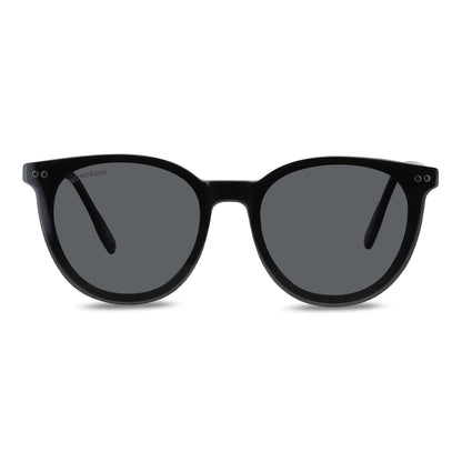 anteojos o marcos ópticos con iman o clip de sol polarizados de forma redondos para hombres y mujeres. Vista angulada y armazones de color negro #color_negro