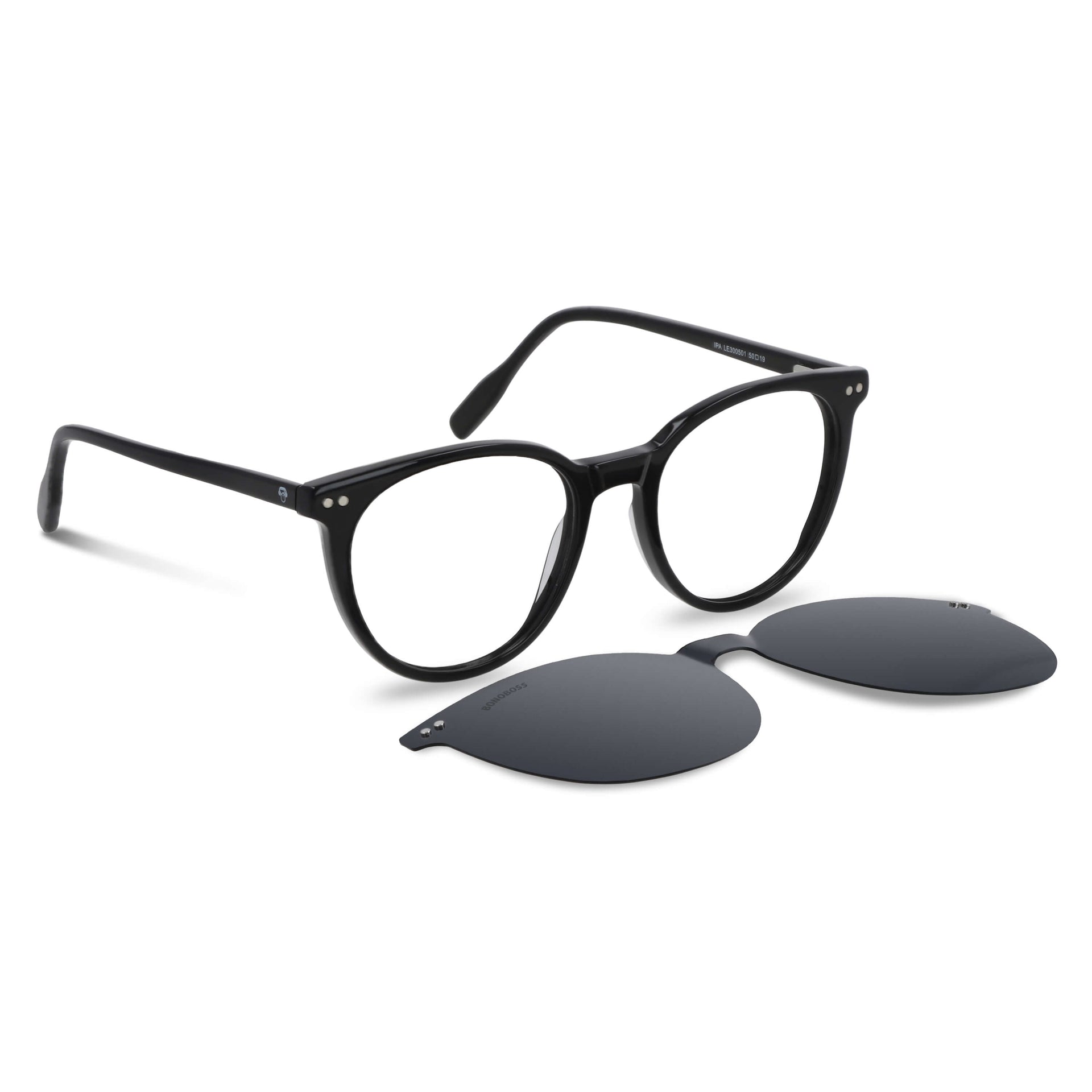 anteojos o marcos ópticos con iman o clip de sol polarizados de forma redondos para hombres y mujeres. Vista angulada y armazones de color negro #color_negro