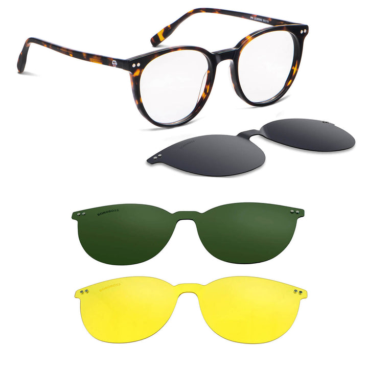Eyeglasses or optical frames with iman or sun clip-on polarized forma round for mens and womenes. angled view and frames tortoise Bonoboss #color_carey
